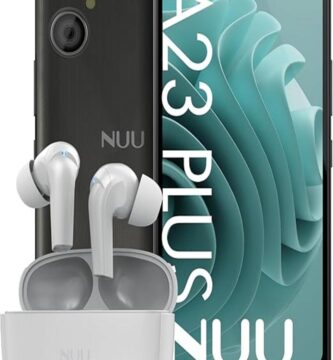 Alt text: "The NUU A23Plus smartphone displayed vertically, showcasing its sleek, budget-friendly design with a shimmering back panel and a large, vibrant screen, emphasizing its affordability and modern aesthetics."