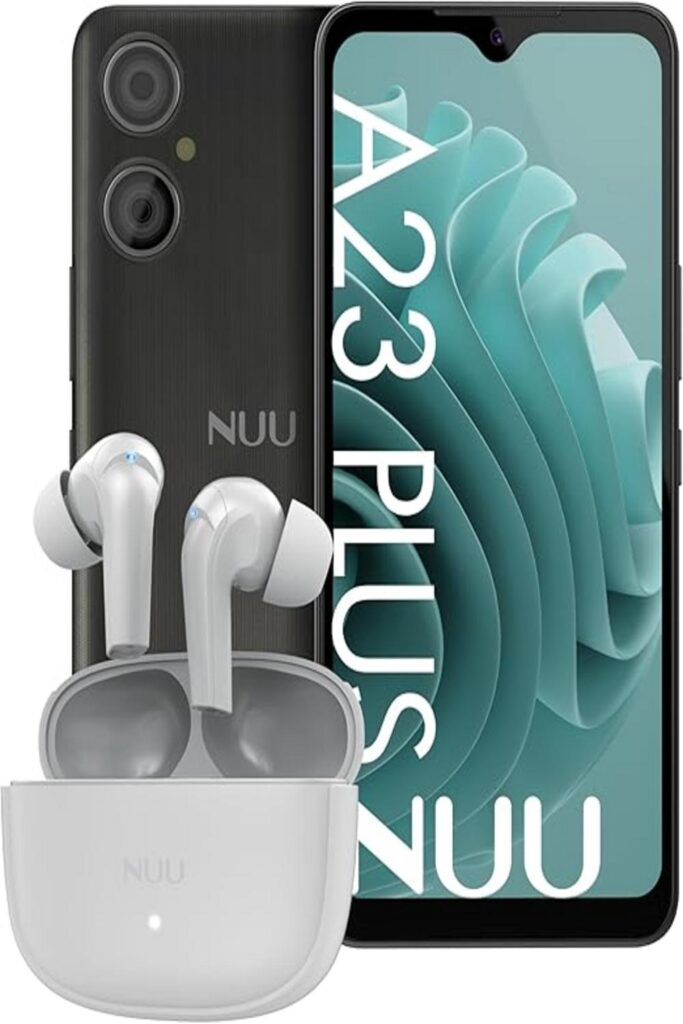 Alt text: "The NUU A23Plus smartphone displayed vertically, showcasing its sleek, budget-friendly design with a shimmering back panel and a large, vibrant screen, emphasizing its affordability and modern aesthetics."