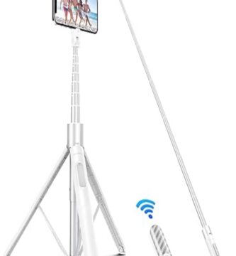 The image features the ATUMTEK 60" Selfie Stick Tripod set against a plain background. The product is shown fully extended, illustrating its height and versatility. The selfie stick has a sleek and modern design, with a black and silver