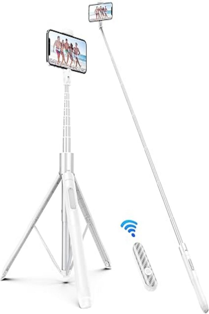 The image features the ATUMTEK 60" Selfie Stick Tripod set against a plain background. The product is shown fully extended, illustrating its height and versatility. The selfie stick has a sleek and modern design, with a black and silver