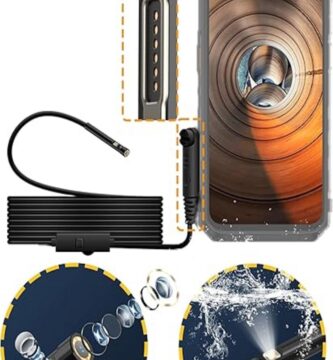 The image displays the Ulefone Armor uSmart E02, designed for endoscopy. It features a rugged, waterproof exterior with a compact, ergonomic design. The device is shown with a flexible, elongated endoscopic probe attached, emphasizing its advanced technology