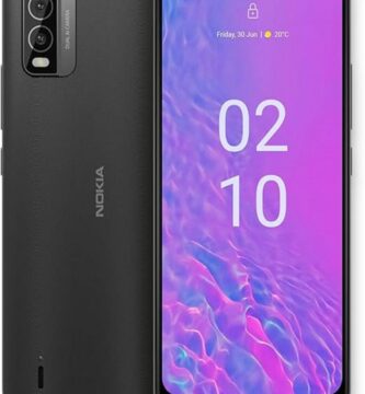 The image shows the Nokia C210 smartphone, showcasing its sleek design and user-friendly interface. The phone is displayed with its vibrant screen turned on, highlighting its colorful and clear display. It also emphasizes the Nokia C210's feature of an all-day battery, making it a practical choice for users seeking affordability and performance.