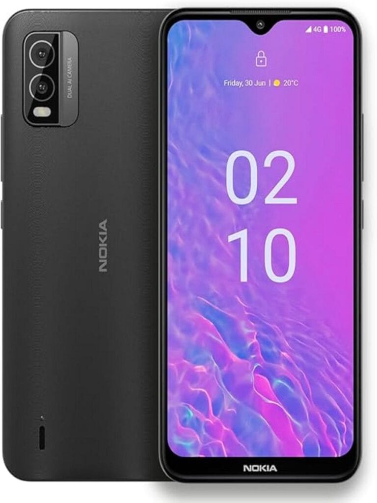 The image shows the Nokia C210 smartphone, showcasing its sleek design and user-friendly interface. The phone is displayed with its vibrant screen turned on, highlighting its colorful and clear display. It also emphasizes the Nokia C210's feature of an all-day battery, making it a practical choice for users seeking affordability and performance.