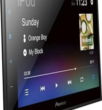 Alt text: "Close-up of Pioneer's DMH-342EX receiver set against a neutral background. The device features a sleek, modern design with a large touch screen display, buttons for control, and a USB port. The screen displays colorful