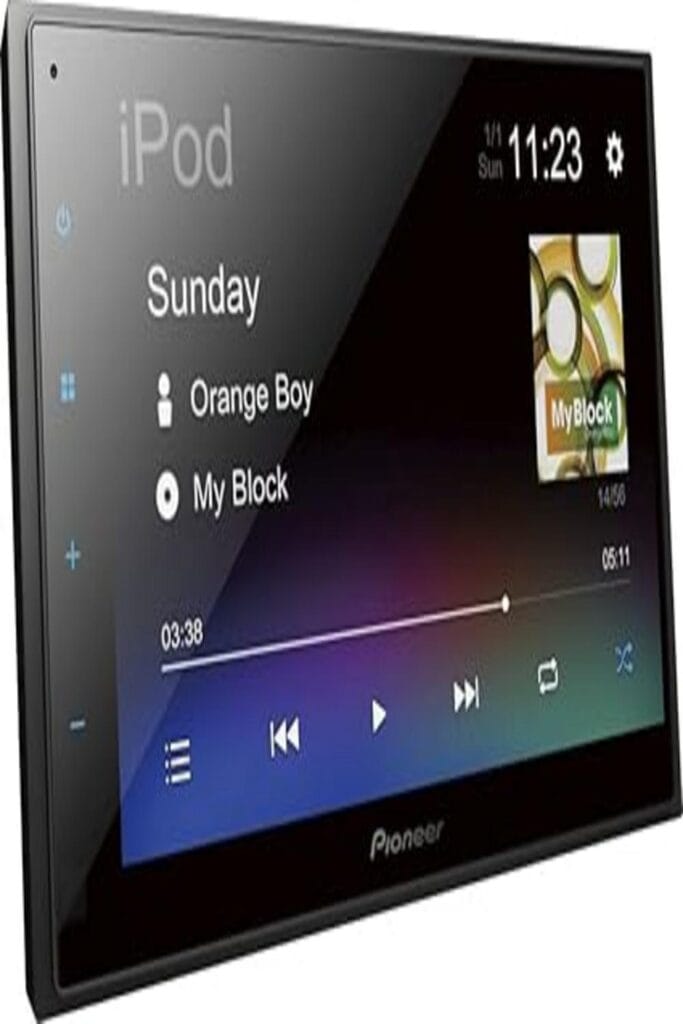 Alt text: "Close-up of Pioneer's DMH-342EX receiver set against a neutral background. The device features a sleek, modern design with a large touch screen display, buttons for control, and a USB port. The screen displays colorful