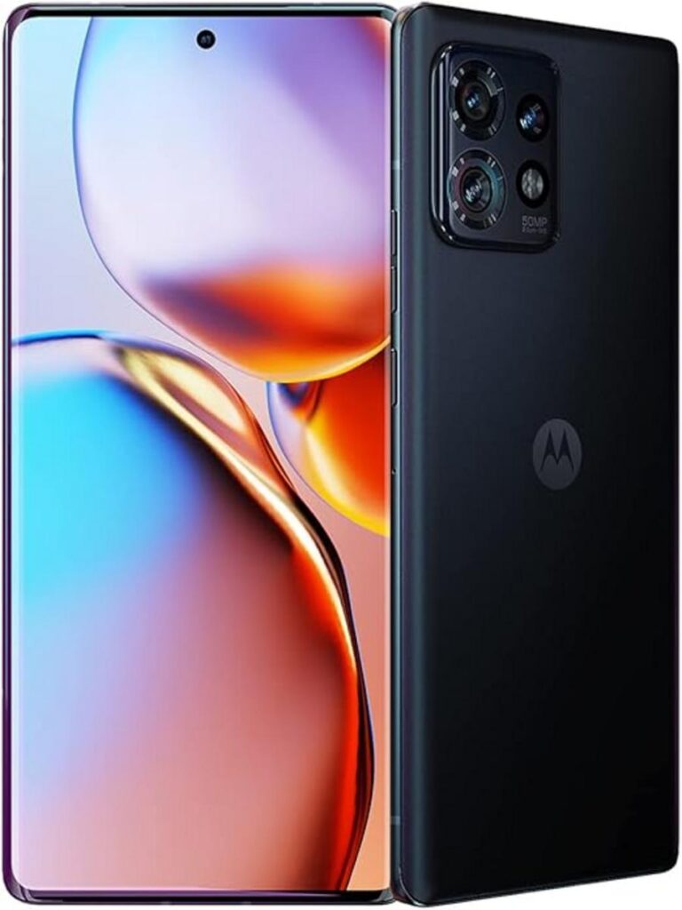 The image showcases the Motorola Edge+ smartphone, highlighting its sleek and modern design. The phone features a large, edge-to-edge display with minimal bezels, emphasizing its cutting-edge aesthetic. The back of the device appears to be composed of premium materials,
