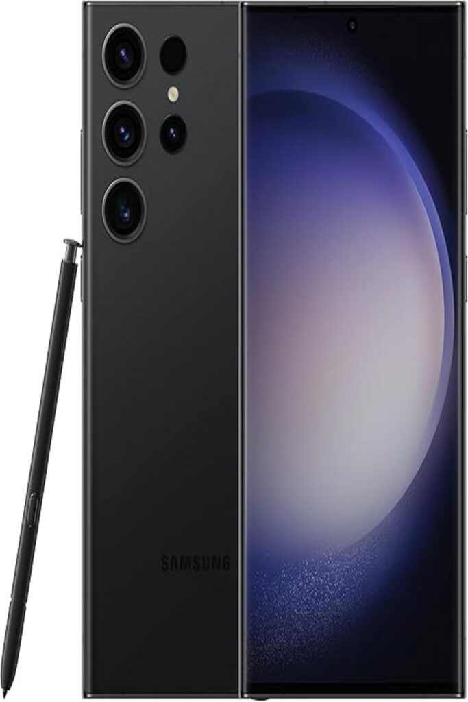 Alt text: "A sleek and modern Samsung Galaxy S23 Ultra AI Phone placed against a neutral background. The phone features a large, vibrant display with minimal bezels and a sophisticated design echoing advanced technology and innovation. The rear side showcases an array