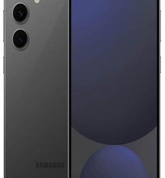 The image showcases the Samsung Galaxy S24 FE, a sleek and modern smartphone. The device sports a large, vibrant display with minimal bezels, and is angled to highlight its thin profile. The back of the phone features a sophisticated design, with a