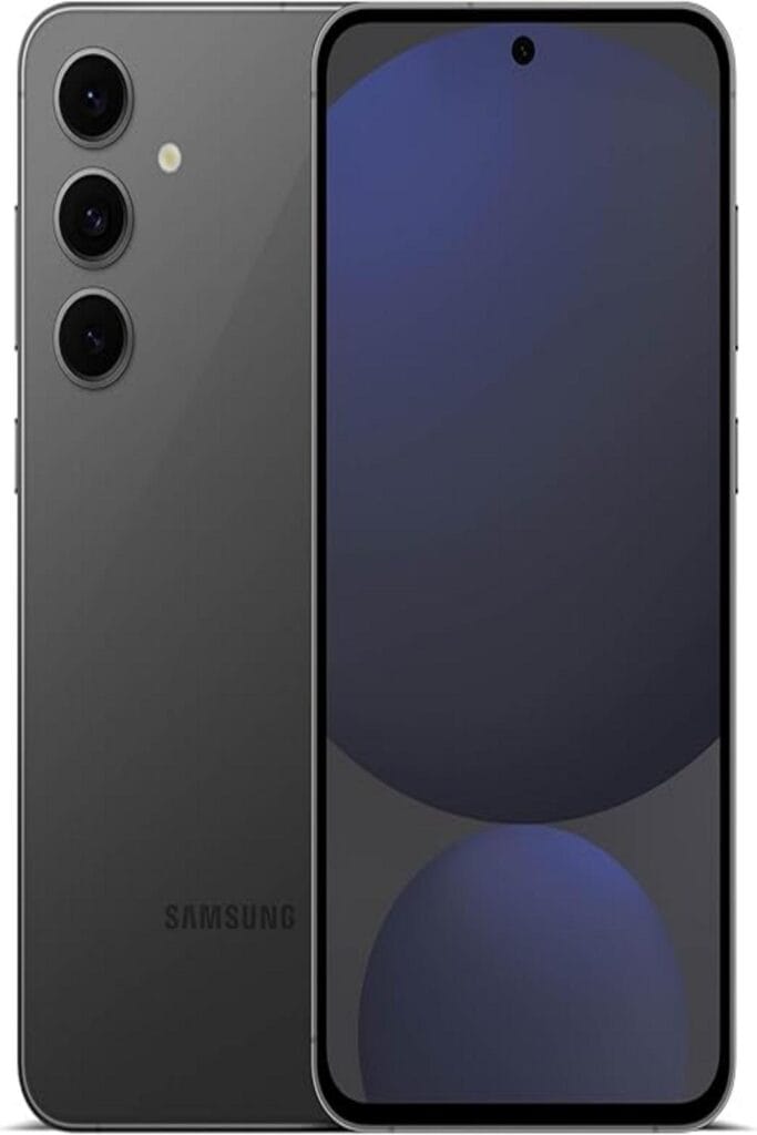 The image showcases the Samsung Galaxy S24 FE, a sleek and modern smartphone. The device sports a large, vibrant display with minimal bezels, and is angled to highlight its thin profile. The back of the phone features a sophisticated design, with a