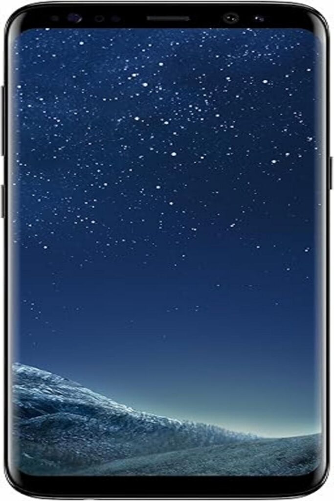 Alt text: A sleek Samsung Galaxy S8 smartphone displayed against a clean, minimalist background. The phone features a large, vibrant screen with an edge-to-edge design and a glossy glass back, showcasing Samsung's signature aesthetic. The device is part of a