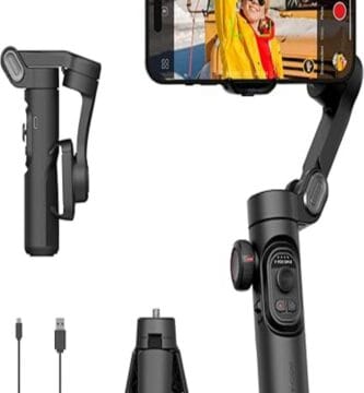 The image shows the AOCHUAN Smart XE Gimbal, a sleek and compact device designed for stabilizing video footage. The gimbal features a comfortable handle grip, a three-axis stabilizing mechanism, and intuitive controls. It is in a stylish