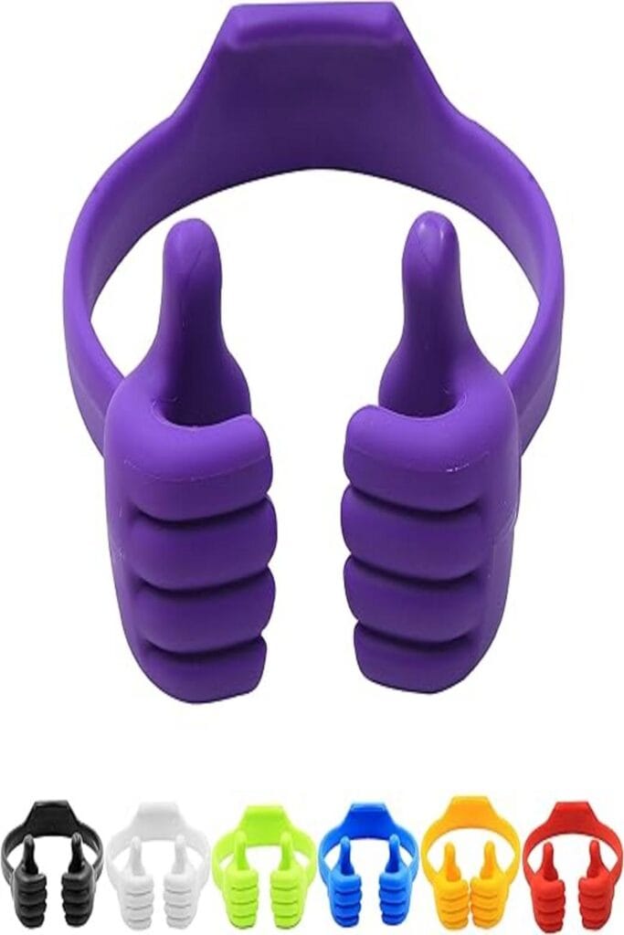 Alt text: A colorful Honsky Thumbs-up Phone Stand is shown. The phone stand is designed in the shape of a hand giving a thumbs-up gesture. It is made of flexible rubber material and appears to be both fun and functional, capable