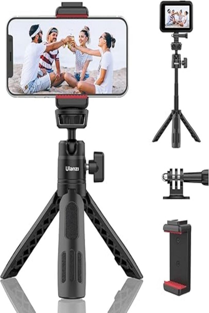The image showcases the ULANZI M12, a versatile and sleek device combining a selfie stick and tripod. The central feature is its compact, portable design, crafted from durable materials with a black finish. The ULANZI M12 is extendable