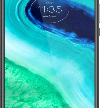 The image likely features the Moto G Fast smartphone, displaying its sleek design with a bright, clear screen. The phone is positioned to showcase its thin profile and modern aesthetics. Its display might show vibrant app icons or a scenic wallpaper, highlighting the screen quality