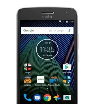 The image likely depicts the Moto G Plus (5th Gen) smartphone. The phone may be showcased from various angles to highlight its design and features. The display might show an app or screen to indicate its interface. The phone is generally portrayed in a
