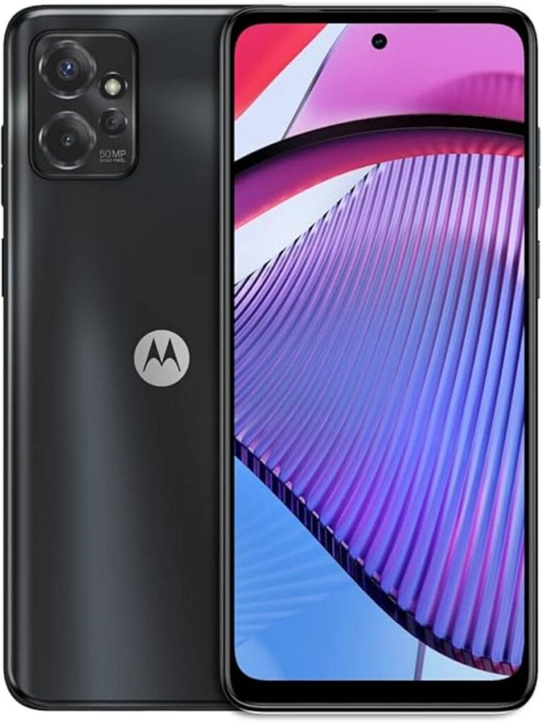 Alt text: "Promotional image for the Moto G Power 5G 2023 Edition, showcasing the sleek design of the smartphone. The phone's display features vibrant colors, and the back panel shows the camera setup. Text overlay highlights the product's emphasis on future technology and 5G connectivity."