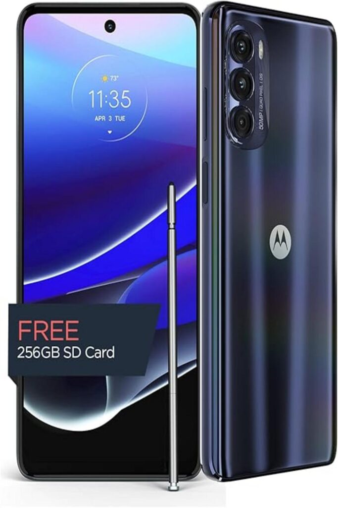 **Alt text:** An image of the Moto G Stylus 5G smartphone displayed against a neutral background. The phone features a large, vibrant screen showing an abstract wallpaper. Next to the phone is the stylus pen, highlighting the device's capability