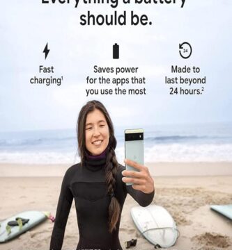 The image is not visible to me, but I can help you create an example of alternative text based on your description. Here it is: "Promotional image for the Google Pixel 6, showcasing its sleek design. The phone is highlighted against a