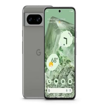 The image displays the Google Pixel 8 smartphone. Its sleek design features a vibrant screen with minimal bezels and a metallic frame. The rear showcases a prominent camera module with multiple lenses, set against a smooth matte finish. The setting suggests a modern, sophisticated device emphasizing cutting-edge technology and high performance.