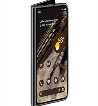 The image depicts the Google Pixel Fold, showcasing its innovative design. The smartphone features a sleek, foldable form, displaying its flexible screen partially folded, emphasizing its cutting-edge technology. The device appears modern and premium, highlighting its place at the forefront of