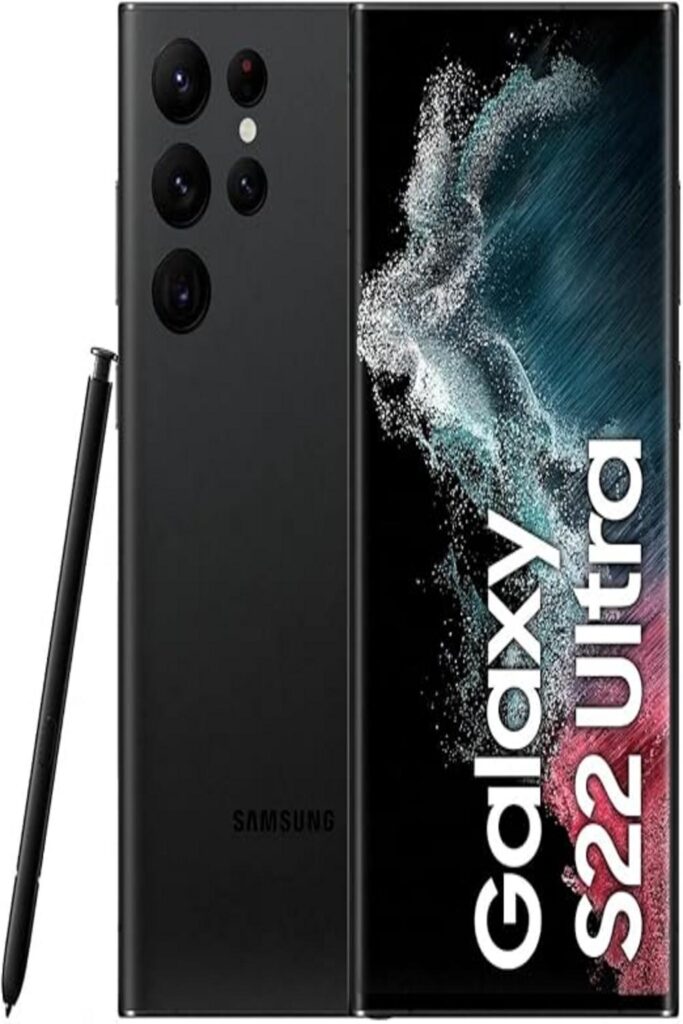 The image likely features the Samsung Galaxy S22 Ultra smartphone. The device is displayed prominently, showcasing its sleek design and advanced features. The smartphone is shown with its large, vibrant screen, possibly illustrating an app or the home screen with vivid colors. The