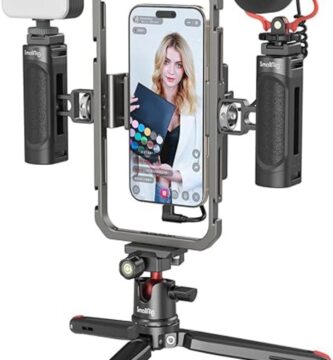 The image showcases the SmallRig Universal Phone Video Rig Kit, designed for vloggers. The product consists of a robust cage that securely holds a smartphone in landscape orientation. It features ergonomic handgrips on both sides for stable shooting. On top, there