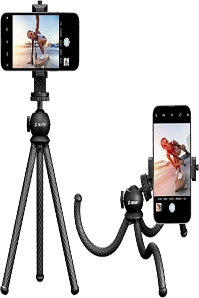 The image shows the SquidGrip Tripod, designed to elevate your photography experience. This versatile tripod features flexible, bendable legs that can wrap around various surfaces, offering maximum stability and creative angles. Its compact size makes it highly portable, ideal for