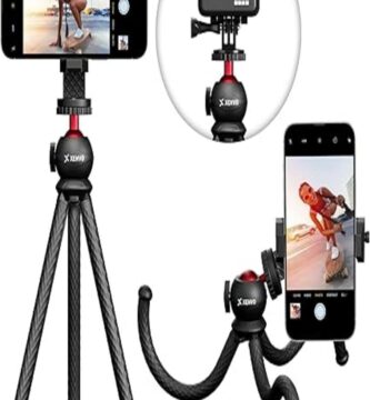 The image features the SquidGrip Flexible Tripod, showcased against a neutral background. The tripod exhibits bendable, rubberized legs that can wrap around various objects for versatile photo angles. Its compact design is highlighted, emphasizing portability. The tripod's mount