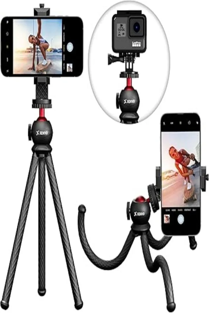 The image showcases the Xenvo SquidGrip Tripod, a flexible and versatile tripod designed to enhance photography skills. The tripod features bendable legs that can wrap around various surfaces, allowing for creative and stable positioning of cameras and smartphones in diverse environments.