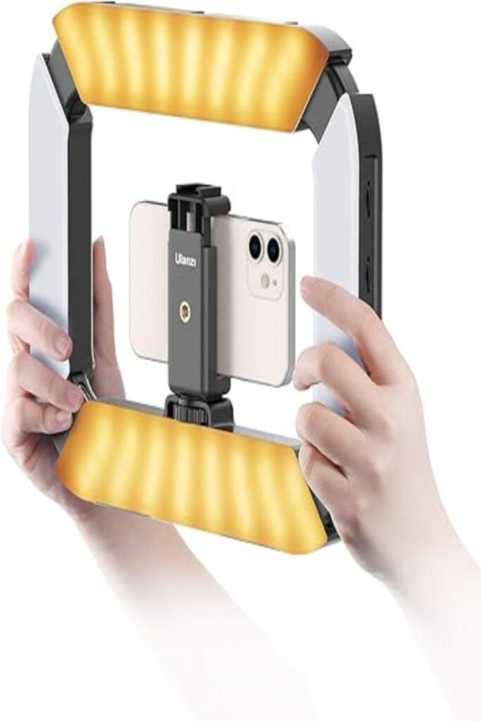 The image features the ULANZI Smartphone Video Rig, a versatile accessory designed to enhance mobile videography. The rig is shown mounted with a smartphone, highlighting its sturdy build and ergonomic design. It includes adjustable grips to securely hold the phone in place,