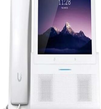 The image showcases the Ubiquiti UTP-TouchMax-White, a sleek, modern communication device. The product has a minimalist design, featuring a white finish with a smooth touch interface. The display is large and clear, emphasizing user-friendly