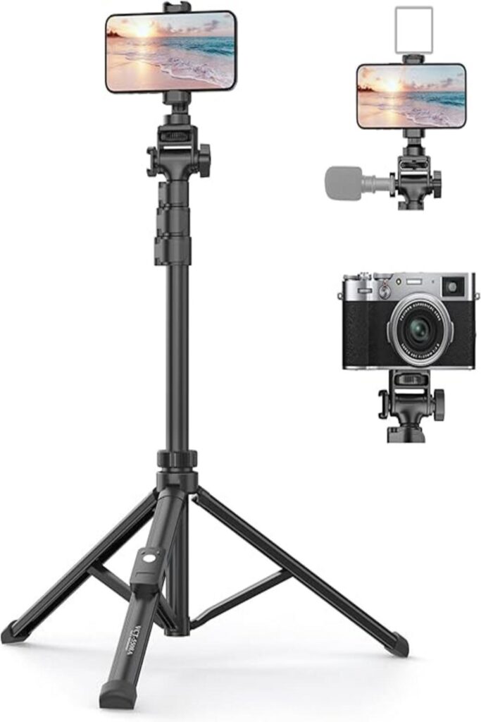 The image showcases the XXZU 61" Mobile Tripod Stand, highlighting its features designed to enhance photography. The tripod is fully extended, demonstrating its height and sturdy construction. It has adjustable legs and a secure mount suitable for various camera types. The