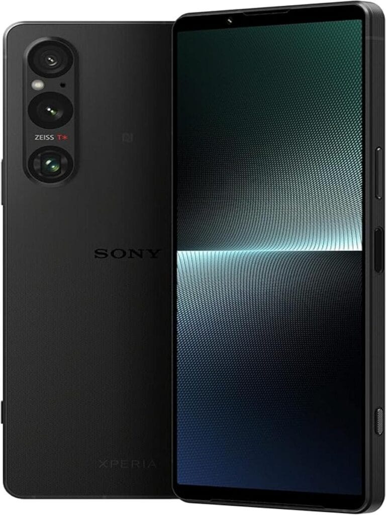 Alt text: "Promotional image showcasing the Sony Xperia 1 V smartphone, highlighting its 5G capability and 256GB storage. The phone is presented against a sleek background, emphasizing its cutting-edge design and advanced features."