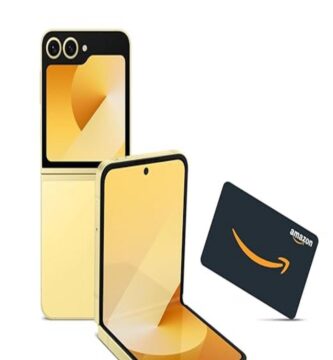 The image features the Galaxy Z Flip 6 smartphone in a dynamic presentation. The phone is shown partially unfolded, highlighting its sleek, foldable design. Its glossy finish reflects surrounding light, emphasizing a futuristic aesthetic. The screen displays vibrant colors, suggestive