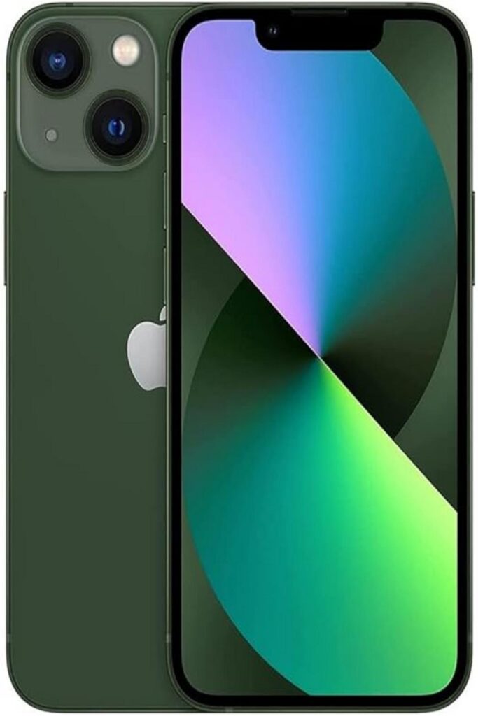 Alt text: "Renewed Apple iPhone 13 in green with 128GB storage from AT&T, positioned on a neutral background. The phone's sleek design is highlighted, showcasing its glossy finish and modern aesthetics."
