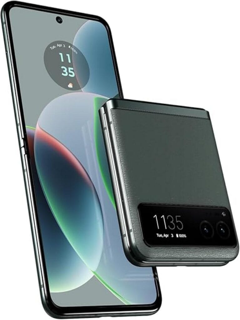 The image displays the Motorola Razr 2023, showcasing its blend of retro design and modern technology. The smartphone is open, revealing its foldable, vibrant touchscreen and sleek, ultra-thin profile. The iconic Razr chin is present at the bottom, enhancing the nostalgic feel, while the high-resolution front-facing camera and minimal bezels emphasize its contemporary innovations. The background is minimalist, directing focus on the stylish fusion of past and present that the Razr 2023 represents.