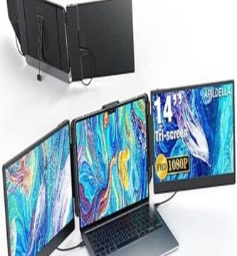 The image showcases the APILDELLA Triple Laptop Screen Extender, highlighting its ability to boost productivity by providing three additional screens to a laptop setup. The sleek and innovative design seamlessly attaches to a laptop, displaying extended screens that facilitate multitasking and