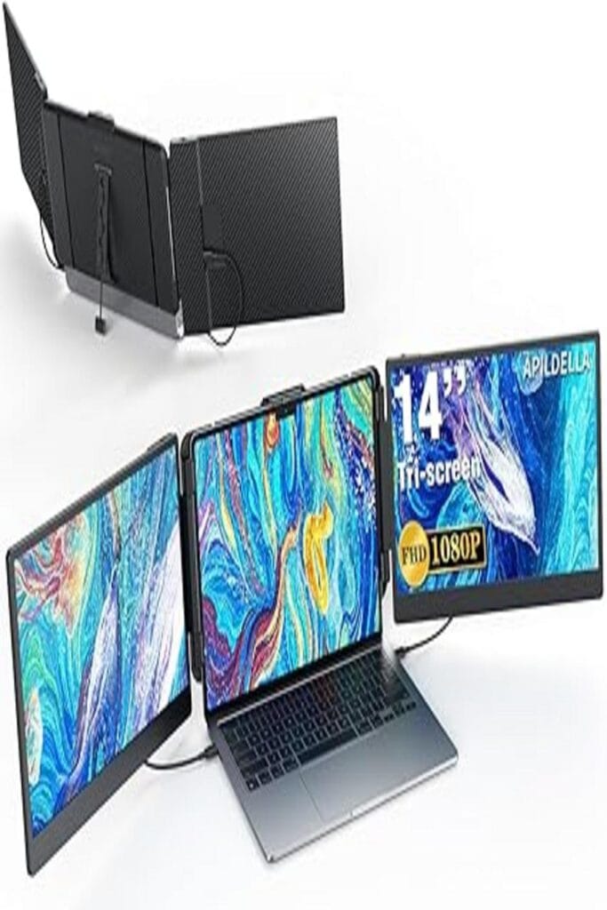 The image showcases the APILDELLA Triple Laptop Screen Extender, highlighting its ability to boost productivity by providing three additional screens to a laptop setup. The sleek and innovative design seamlessly attaches to a laptop, displaying extended screens that facilitate multitasking and