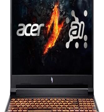 The image features a sleek Acer Nitro V gaming laptop. It showcases a modern design with a black chassis and red accents, emphasizing its gaming-focused aesthetic. The laptop is open, displaying its vibrant screen, backlit keyboard, and large touchpad. It