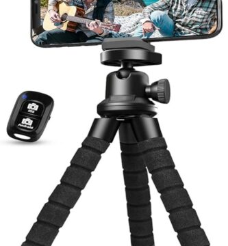 The image shows Aureday's Portable Phone Tripod, designed for enhancing mobile photography. The tripod is sleek and lightweight, featuring flexible legs that can be adjusted to various angles. It has a universally compatible phone holder mounted on top, which is gripping a