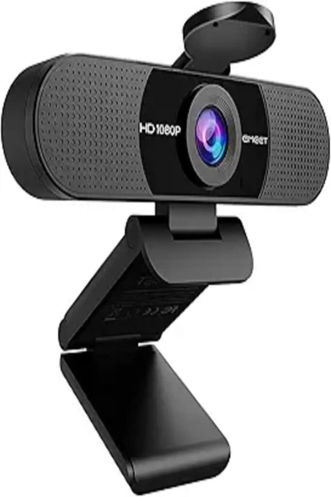 The image likely shows the EMEET 1080P Webcam designed for enhanced video calls, featuring a sleek, compact camera with a 1080p resolution lens. The webcam is mounted on a monitor, showcasing its practical and adjustable clip for easy