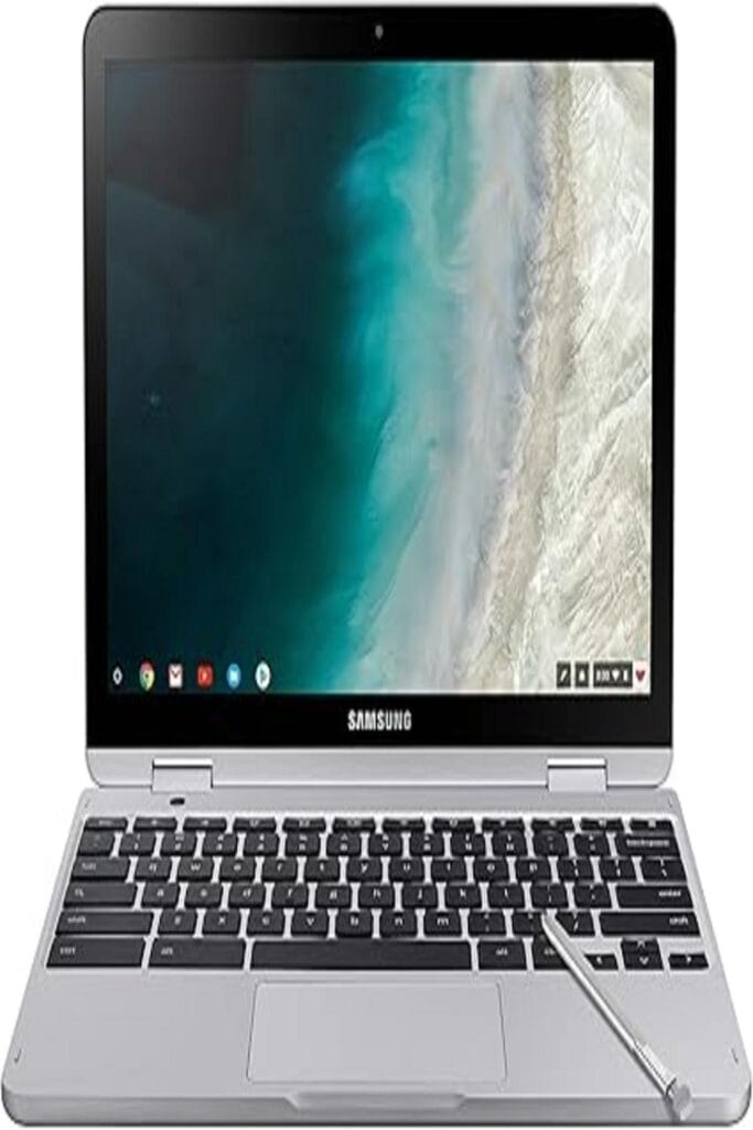 Alt text: A sleek Samsung Chromebook Plus V2 with a modern, lightweight design is displayed. It features a metallic exterior with a slim profile and rounded edges. The Chromebook is open, showcasing its vibrant display and keyboard layout, emphasizing its user-friendly interface