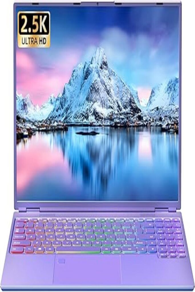 The image likely showcases a sleek, modern 16" purple laptop. The laptop's screen displays vibrant colors, emphasizing its high-resolution capability. The keyboard is backlit, featuring a chiclet design for comfortable typing. The laptop's body is a striking