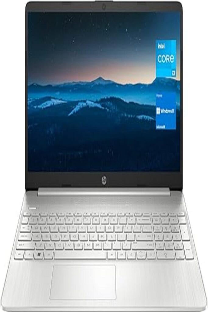 The image likely features an HP 15 Notebook, showcasing its sleek design with a modern laptop open on a desk. The notebook's display is visible, potentially displaying vibrant graphics or an interface. The keyboard and trackpad are prominently highlighted, illustrating the laptop