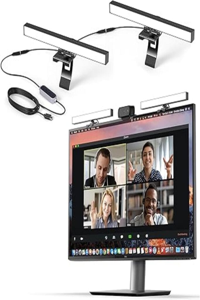 The image showcases the HumanCentric Double Light Kit designed to enhance online presence. The product consists of two sleek, adjustable LED lights with diffusers, clamps, and USB power cords. The lights are positioned on either side of a digital device to provide