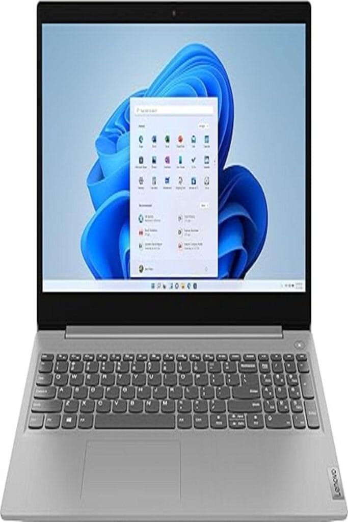 Alt text: "Lenovo Ideapad 3 2022 Laptop, showcasing its sleek design and thin profile, positioned against a neutral background. The laptop's screen displays a dynamic, colorful graphic, reflecting the theme of innovation."