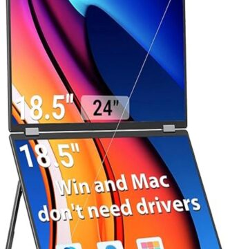 The image shows the InnoView 18.5" Dual Screen Extender, designed to enhance productivity by providing an additional screen. The sleek extender features a slim design and a vibrant display, illustrating its capability to easily attach to a laptop. Its