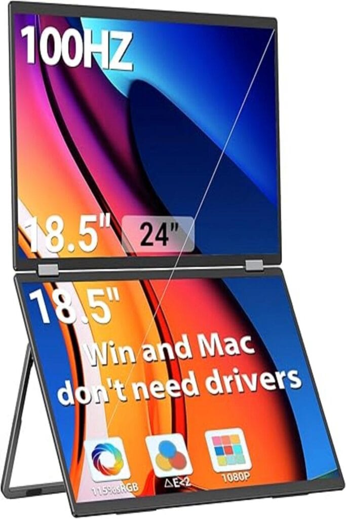 The image features InnoView's Dual Screen Extender showcased within a modern workspace setting. The product is prominently displayed as a sleek, adjustable attachment that adds an additional screen to a laptop, enhancing productivity. The extender is shown in a dual-monitor setup