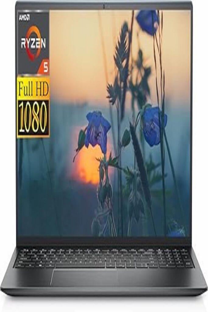 Alt text: "Front view of the Dell Inspiron 15 3525 laptop, showcasing its sleek design with a slim profile and spacious keyboard. The open laptop screen displays vibrant graphics, illustrating the device's superior computing capabilities. The image captures a