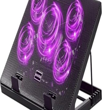 The image displays the Kootek Cooling Pad placed on a table. The pad is designed to enhance your laptop experience by preventing overheating. It is black in color and features five cooling fans with blue LED lights, distributing airflow evenly across its surface. The